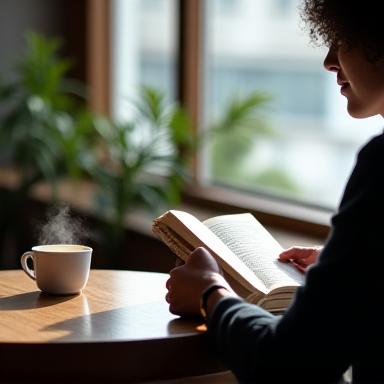 窓際の席で本を読みながらコーヒーを飲む客